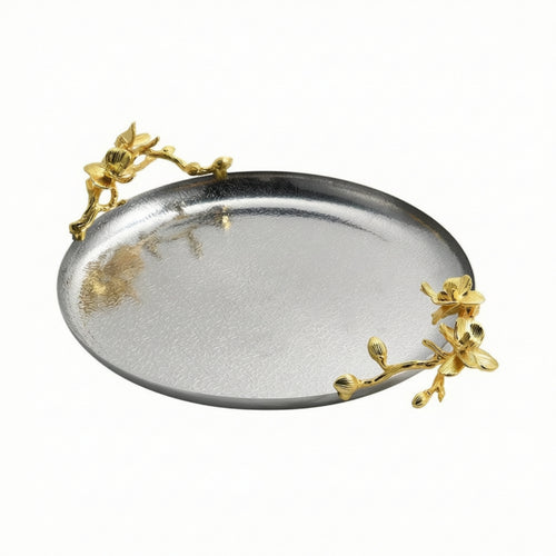 Round Tray with Floral Accents Gold-Toned Round Serving Tray Textured for Home Stylists, Hosts, Coffee Table, Vanity