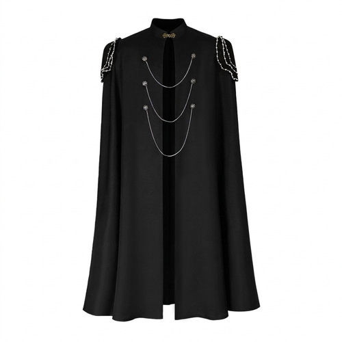 Fantasy Theatrical Cloak Men, Fancy Dress Hooded Cape, Costume Cloak Chain Embel #variant:Black