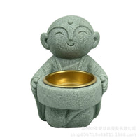 国风青砂石禅意小沙弥和尚佛像烛台庭院家居餐桌创意装饰品摆件