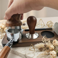 Walnut Coffee Tamper Storage Board with 8-Shape Distributor and Portafilter Holder Set