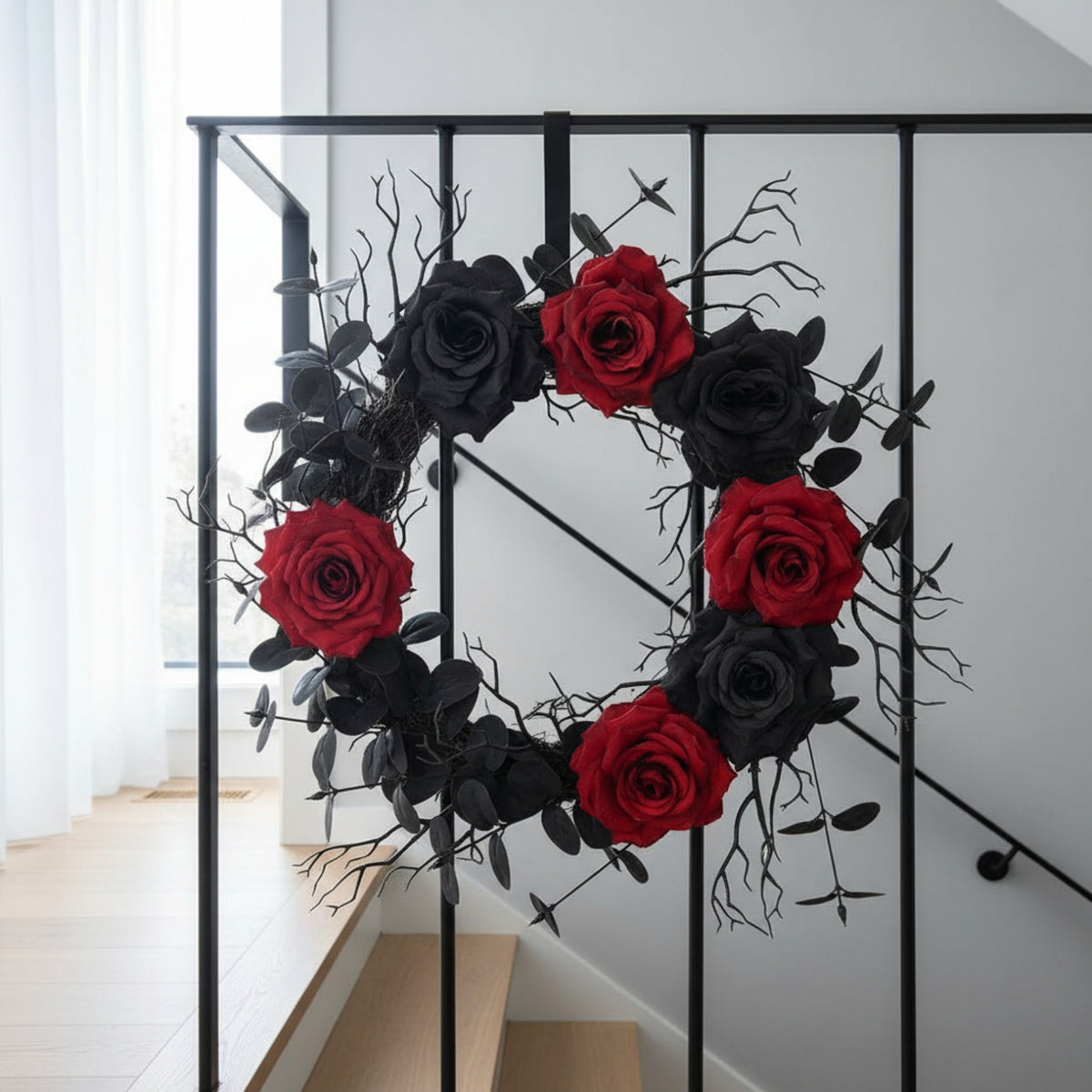 Black Rose Wreath Festive Halloween Wreath Realistic for Entryway