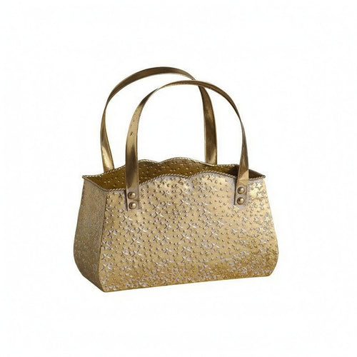 Handbag-Shaped Metal Container Gold-Toned Embossed Star Basket