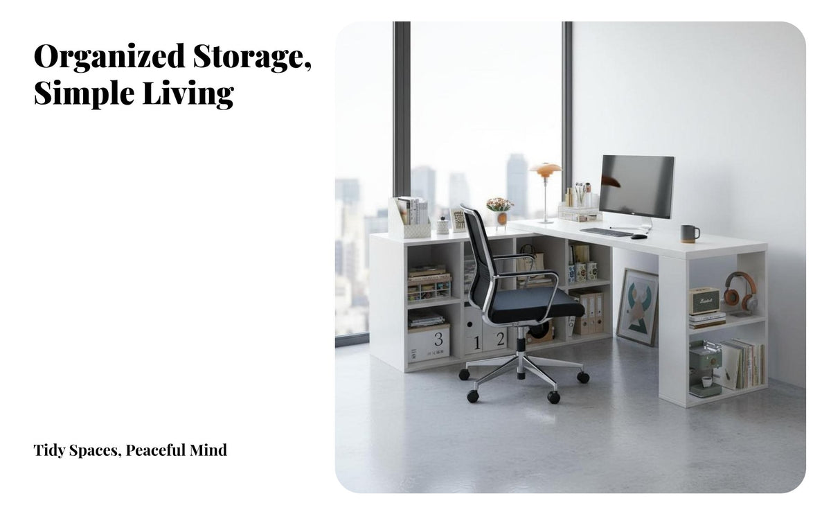 Space-Saving L-Shaped Desk with Shelves Multi-Functional L-Shaped Table with Storage Spacious Work Surface Corner Workstation Sturdy Construction for Apartment Dwellers, Telecommuting Workers, Professionals, Bedroom, Gaming Room