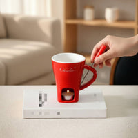 Includes Dipping Fork Personal Fondue Mug Heart Pattern Ceramic Chocolate Melter Butter Warmer Cup for Couples, Parties