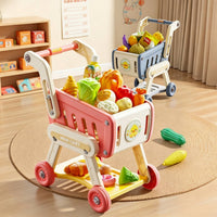Push-Along Toy Shopping Cart with Food Role-Playing Kids Grocery Cart with Play Food Stable Imaginative for Toddlers, Children, Playroom, Home, Nursery