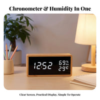 Humidity Display Bamboo Alarm Clock Battery Backup Desktop Alarm Clock USB Charging Home Gadget Dimmable