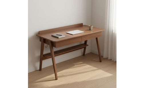 Solid Wood Legs Nordic Design Writing Desk Rounded Corner Design Student Desk with Bag Hook Minimalist Computer Table with Storage for Students, Bedroom, Study Room