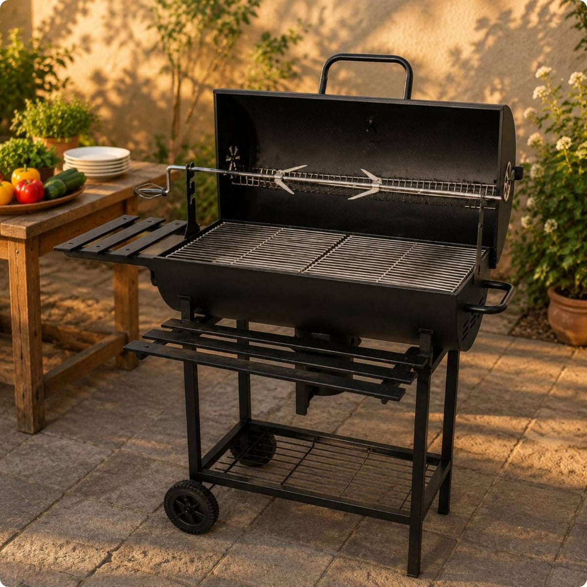 Barrel Briquette Grill Rotisserie Support Barrel Barbecue Grill Wheeled