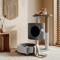Cat Activity Center with House and Hammock, 2-Level Perch featuring Scratching Board, Simple Style Indoor Kitten Play Area for Small Areas