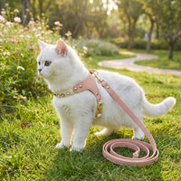 Small Dog Harness and Small Cat Harness Set, PU Leather Walking Harness with Collar, Outdoor Pet Gear Travel Harness Adjustable Loop Leash