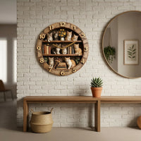Wood-Look Cat Wall Clock Rustic Wall Clock with Arabic Numerals Vintage Pastoral for Book Lovers, Living Room, Reading Corner, Home Office