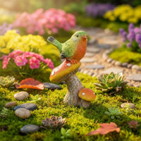 Mushroomed Bird Statue Handcrafted Look Bird on Mushroomed Figurine Whimsical Design Outdoor Decoration for Garden, Yard