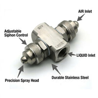 Stainless Steel Misting Nozzle, Industrial Fine Mist Spray Tip, Low Pressure Humidification Nozzle, Two Fluid, 1/4 Pressure Siphon Type