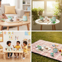 Role-Play Wooden Tea Party Set Educational Wooden Tea Set Educational Playset Imaginative for Preschoolers, Toddlers, Kids, Playroom, Daycare, Classroom