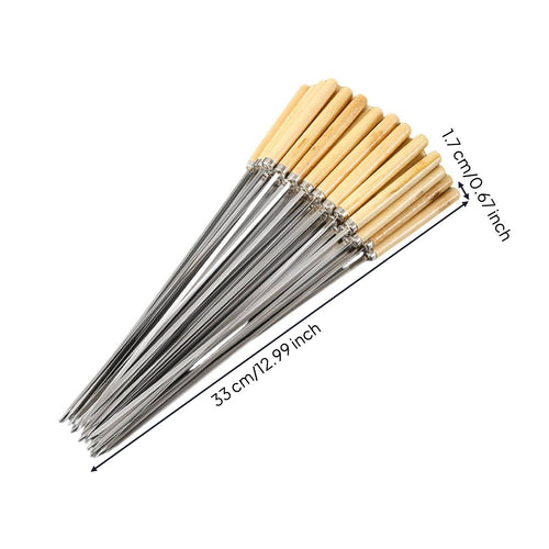 25 Pieces Stainless Steel Kebab Skewer Thickened Wood Handle Grill Skewer Rust-Resistant for Barbecue