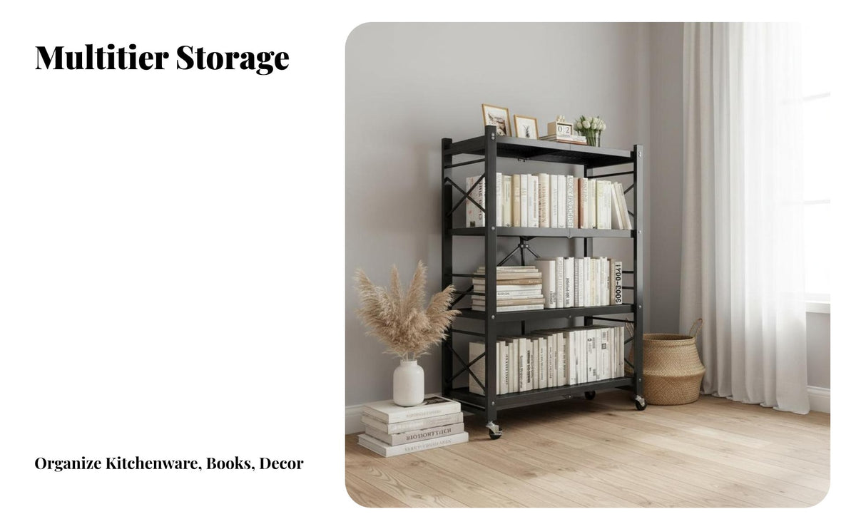 No-Installation Required Foldable Rolling Rack Multi-Tier Rolling Foldable Shelving Unit Space-Saving Household Storage Mobile with Wheels for Home Organizers, Apartment Dwellers, Kitchen, Balcony, Living Room, Bedroom