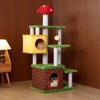 Cat Villa Mushroom Castle Kitten Tree with 4 Scratching Posts, Multi-Level Indoor House and Bed Activity Center for Medium Cats Multi Playground