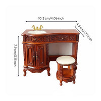 1:12 Scale Vanity and Stool Collectible Model Wooden Dollhouse Washstand Set Realistic Design Carved Dollhouse Vanity for Collectors
