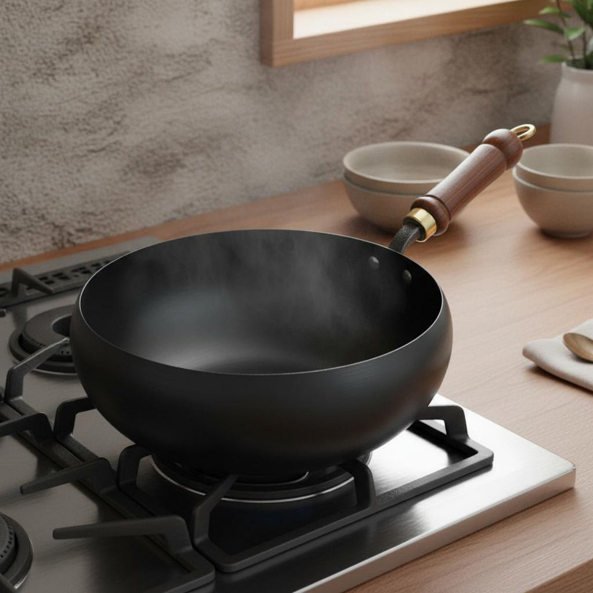Traditional Chinese Wok with Lid Hand-Handcrafted Chinese Wok with Wooden Lid Naturally Non-Stick Even Heat Distribution