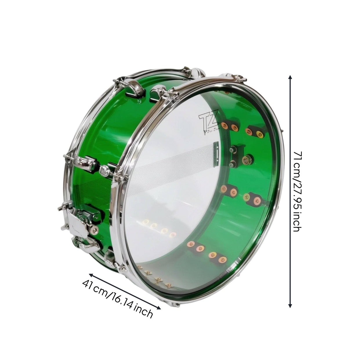 Transparent Marching Snare Drum Translucent Snare Drum with Acrylic Shell Chrome Percussion Instrument Compact for Drummers, Parades, Stage Performances