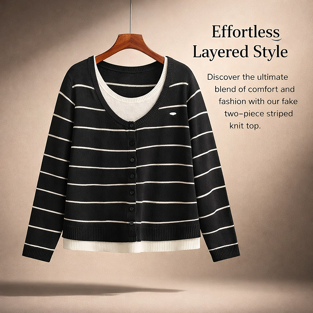 Womens Tops Striped Long Sleeve Round Neck Sweater for Casual Wear, UK Fake Two Piece Design, Plus Size Loose Fit for Leggings