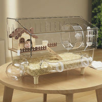 Acrylic Hamster Cage with Hamster Tunnel, Clear Hamster Cage 45cm for Dwarf Rodents, 360 Viewing Habitat with Removable Tray and 9 Accessories