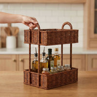 Rattan Basket Shelf Waterproof 2 Tier Washroom Storage Basket Easy to Clean Storage Rack for Kitchen