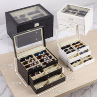 Three-Tier Eyewear Organizer 24-Compartment Glasses Display Case with Lid Transparent Sunglass Box with Drawer Clear for Collectors, Dressing Table, Closet