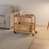 Movable Rattan Trolley Table Easy to Move Rattan Side Table Storage Rack Vintage Bedside Shelf Space-Saving for Living Room