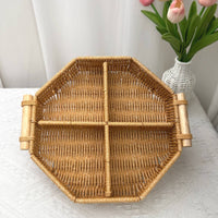 Rattan Design Serving Platter Woven Compartment Basket for Picnic, Party