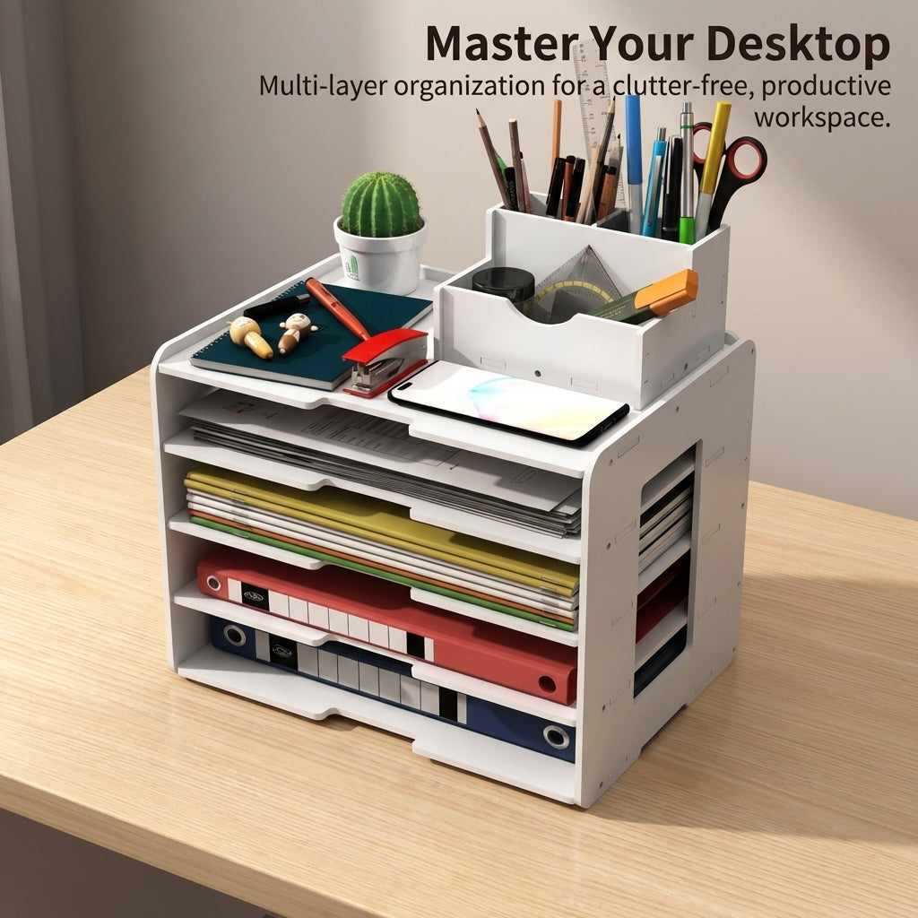 5-Tier Desktop File Organizer with Pen Holder, Stackable Desk Storage for Office, Multi-Layer Work Station for Students