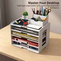 5-Tier Desktop File Organizer with Pen Holder, Stackable Desk Storage for Office, Multi-Layer Work Station for Students