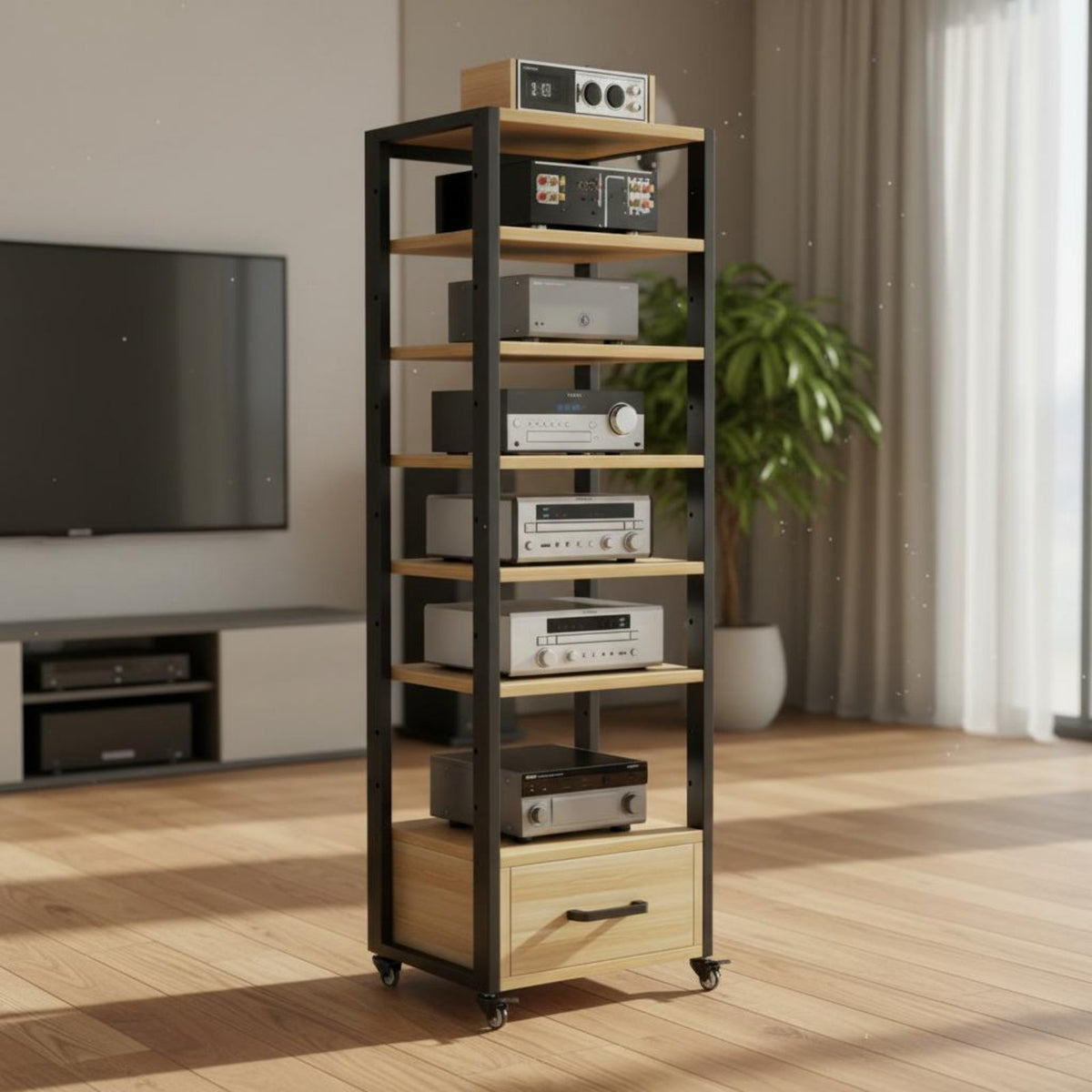 High-fidelity Component Cabinet with Drawer Multi-tier Audio Rack Sturdy Steel Frame Stable Structure Scratch-resistant Wood Suitable for Gift Giving Home Decoration Living Room Audiophile Entertainment