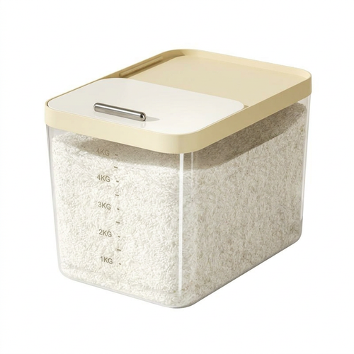 Airtight Rice Storage Container with Measuring Cup, Khaki Color Storage Bin, Easy Open Lid, Space Saving Kitchen Storage