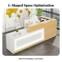 L-Shaped Reception Desk with LED Easy to Clean Glossy Finish Reception Counter Comprehensive Storage Area Front Desk for Retailers, Hotel Lobby