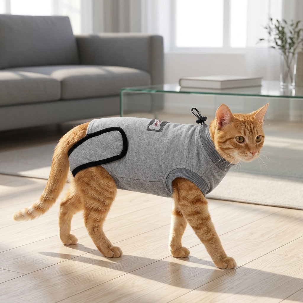Cat Recovery Suit and Post Surgery Clothing, Full Body Sleeved Post Operative Cat Wear with Snap Buttons, Anti-Lick Abdominal Wear
