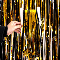 Black and Gold Tinsel Fringe Curtain for Party Decorations