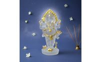 Ornate Headdress Elephant-Headed Deity Figurine Layered Draped Clothing Standing Deity Statue Gold-Toned Four-Armed Figurine Three-Dimensional for Shelf Display