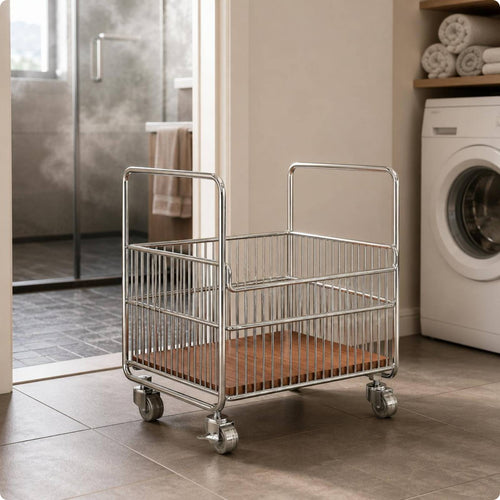 Rolling Laundry Basket Silver-Toned Wire Laundry Basket Ventilated Design