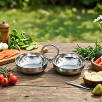 Stainless Steel Double Condiment Dish Space-Saving Dual Compartment Sauce Bowl Stain-Resistant Dipping Bowl with Handle Easy to Clean for Hosts, Tabletop, Hot Pot, Barbecue