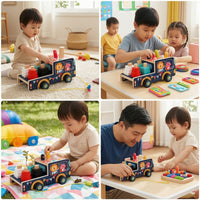 Pull-Along Wooden Toy Bus Multi-Functional Whack-Apeg Toy Developmental Pounding Bench with Mallet Educational for Toddlers, Babies, Playroom, Daycare