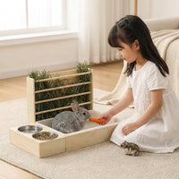 Hay Feeder and Guinea Pig Feeder with Food Bowls, Wooden Hay Rack Small Pet Feeder for Hamster Feeder