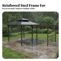 Sun Protection Pavilion with Integrated Swing and Trellis Multi-Functional Design Gazebo Waterproof Garden Structure Weather Resistant for Homeowners, Families, Guests, Courtyard, Backyard, Poolside, Rooftop
