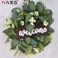 American Welcome Eucalyptus Wreath with Wooden Sign for Front Door Decor