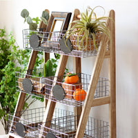 Ladder Storage Rack with Wire Baskets 3 Tiers Basket Stand Floor-Standing Freestanding Ladder Shelf for Entryway, Living Room, Balcony