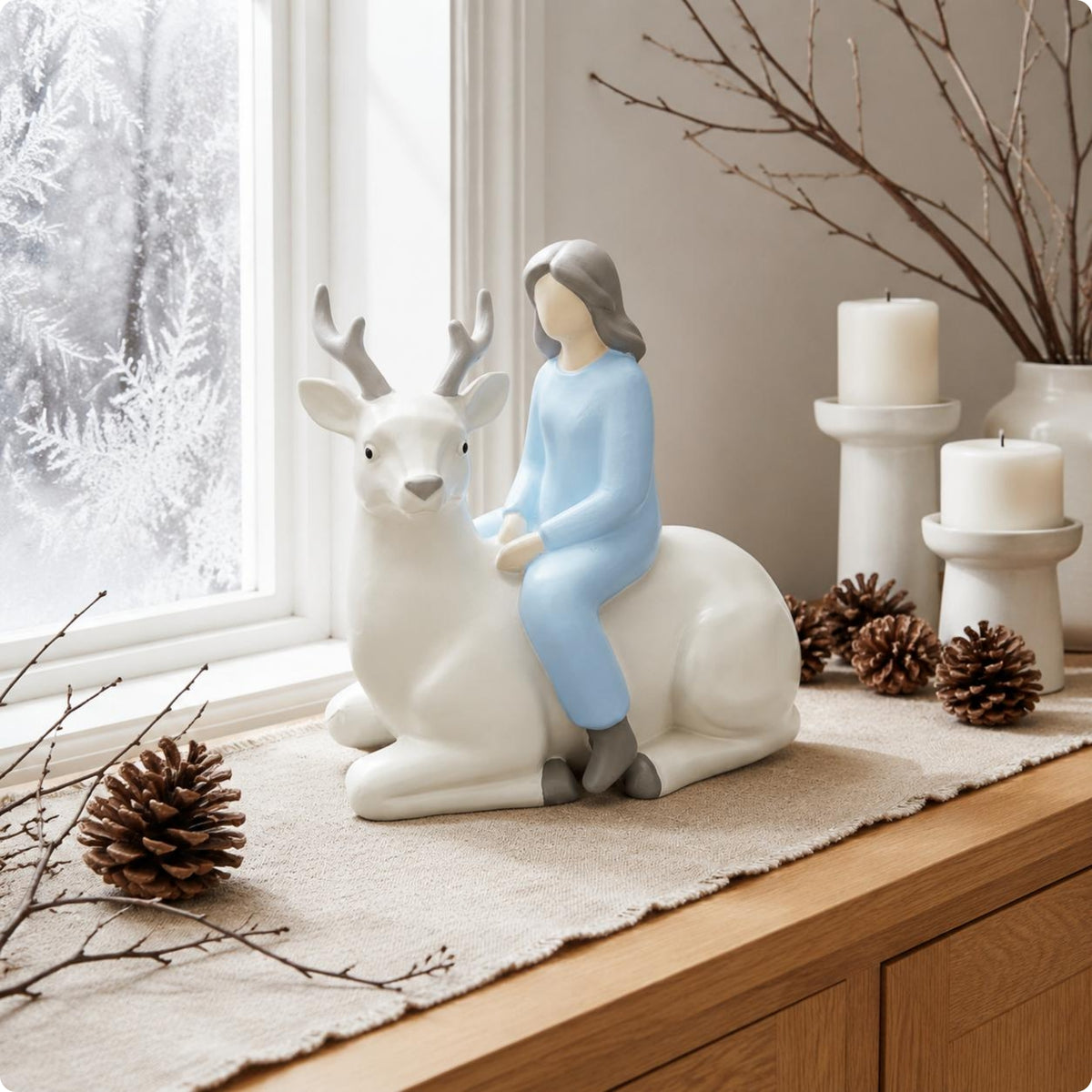 Girl Riding Deer Sculpture Resin Material Deer Statue Tabletop Display Reindeer Figurine for Indoor, Outdoor