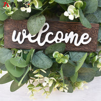 American Welcome Eucalyptus Wreath with Wooden Sign for Front Door Decor