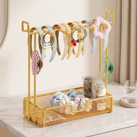 Desktop Hair Accessory Organizer Mesh Headband Holder with Tray Space-Saving Headband Organizer Metal for Girls, Teens, Vanity, Dressing Table, Dorm Room