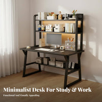 Study Table Desk with Bookshelf Computer Desk Hutch Multi-level Shelving Sturdy Steel Frame Ergonomic Workspace Suitable for Students Kids Bedroom Home Office