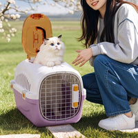Hard Cat Carrier Pet Carrier Bag with Wire Front Door, Cat Travel Bag, Striped Pattern Outdoor Sided Pet Carrier for Car Use